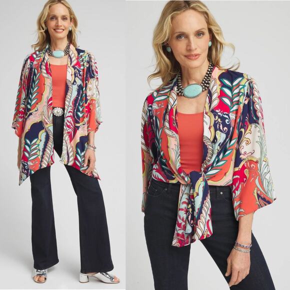 Chico's Tie Front Kimono Heavy Crinkle Gauze Size 8 Med Southwestern Boho Luxe - Picture 1 of 8